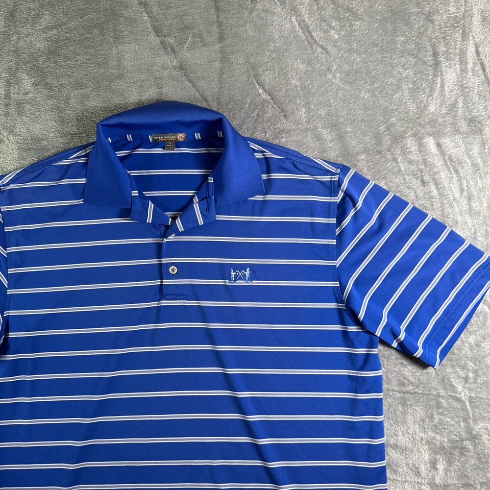 Peter Millar Summer Comfort Crossed Club Golf Polo Shirt Striped Blue White L - Picture 1 of 9